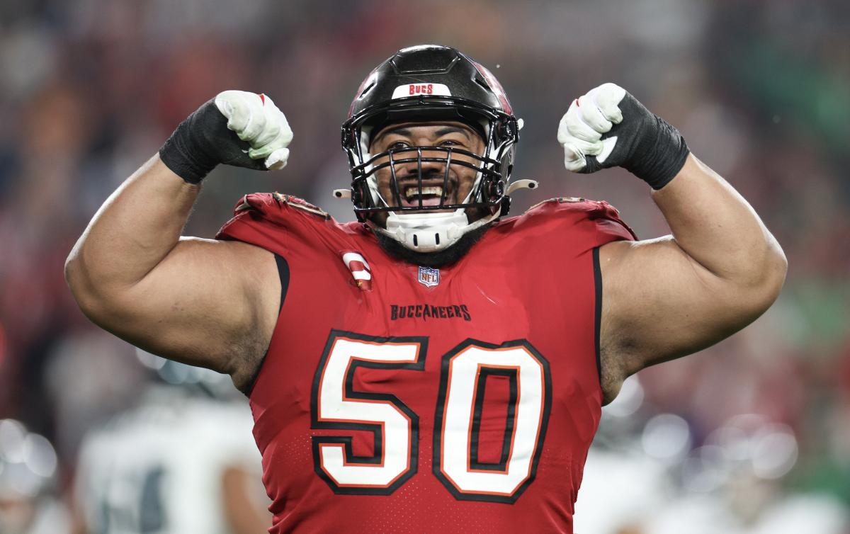 Jan 15, 2024; Tampa, Florida, USA; Tampa Bay Buccaneers defensive tackle Vita Vea (50) reacts after a play against the Philadelphia Eagles during the second half of a 2024 NFC wild card game at Raymond James Stadium. Mandatory Credit: Nathan Ray Seebeck-USA TODAY Sports